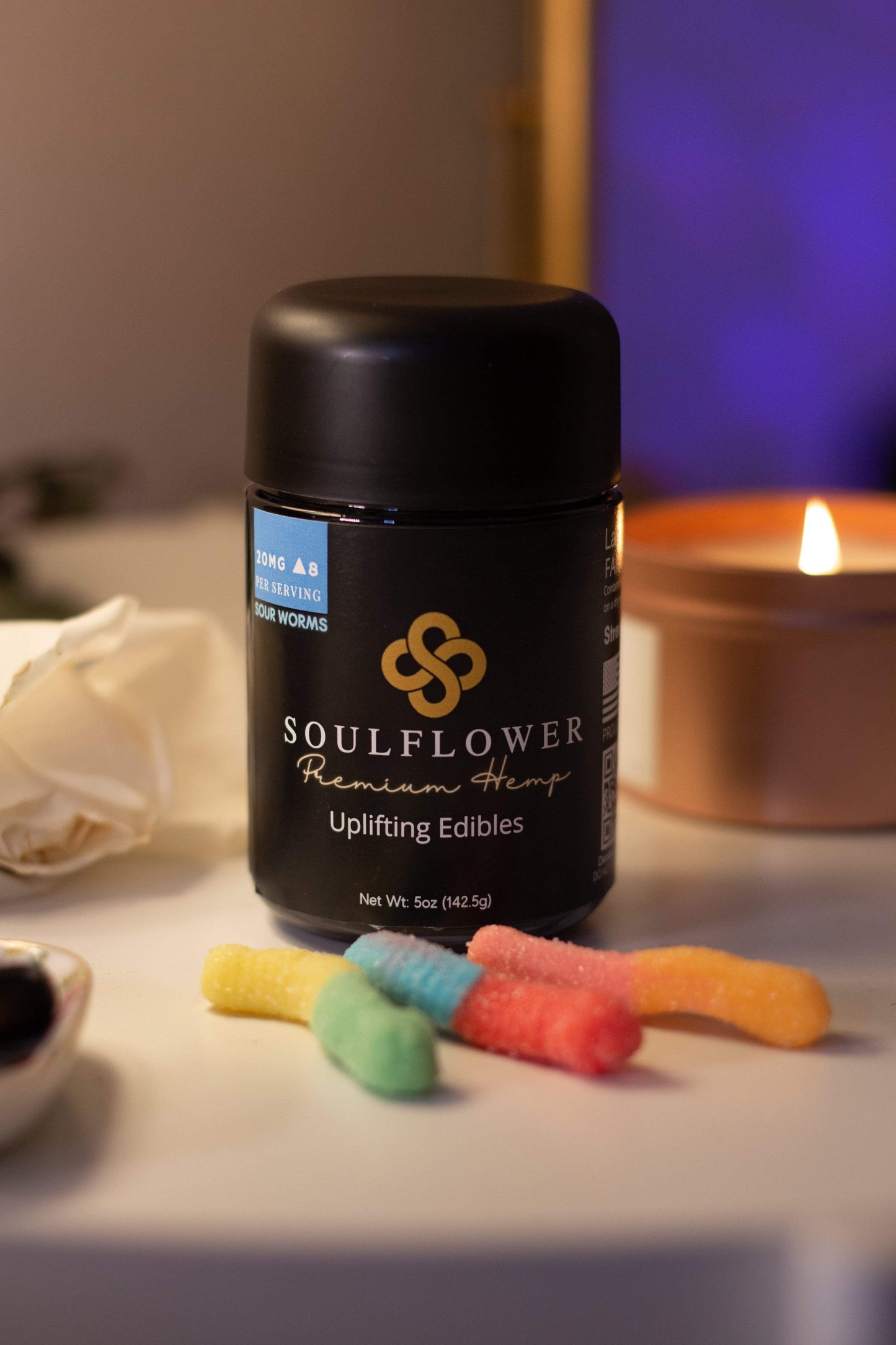 Soul Flower Premium Hemp Delta-8 Sour Gummy Worms provided by Fenix CBD in Los Angeles, CA 